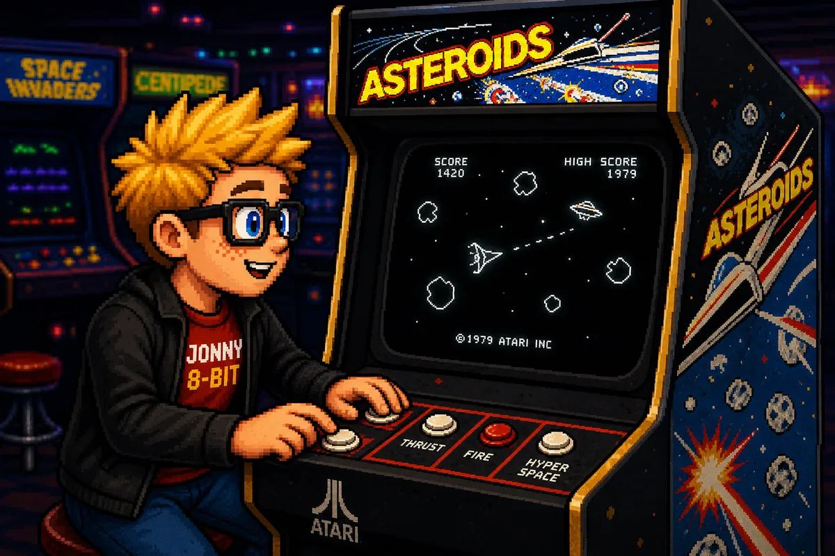 Pixel-art scene illustrating Asteroids and the Beauty of Vector Graphics