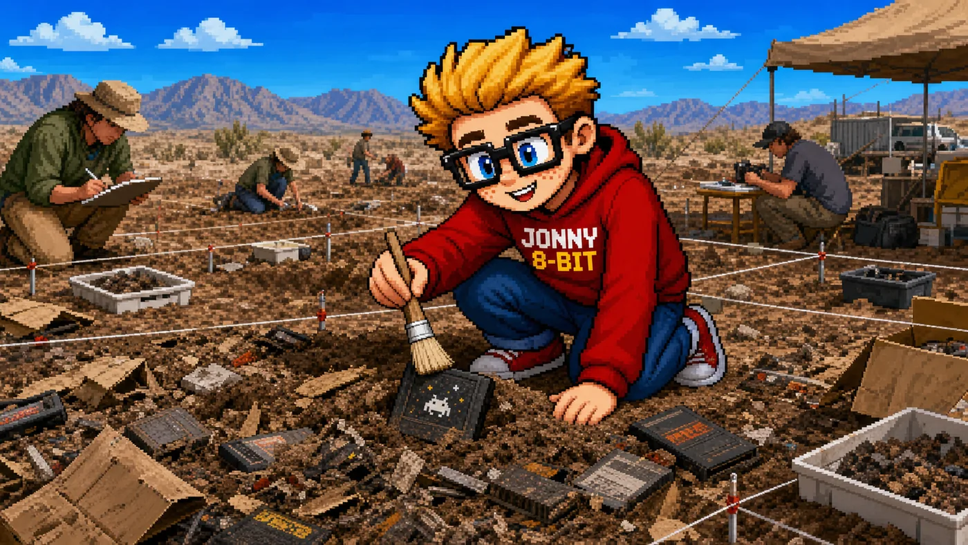 Pixel-art illustration for The Atari E.T. Landfill: What Was Actually Buried?