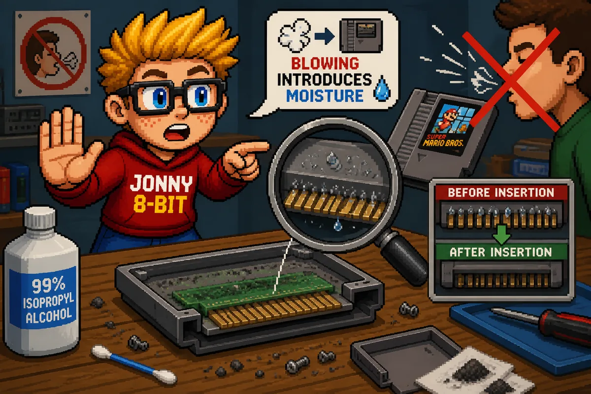 Pixel-art illustration for Did Blowing Into NES Cartridges Actually Make Them Work?