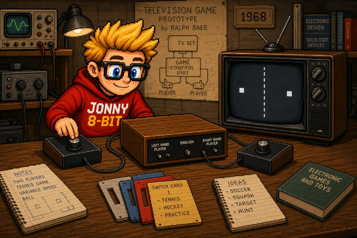 Pixel-art scene illustrating The Brown Box That Became the Magnavox Odyssey