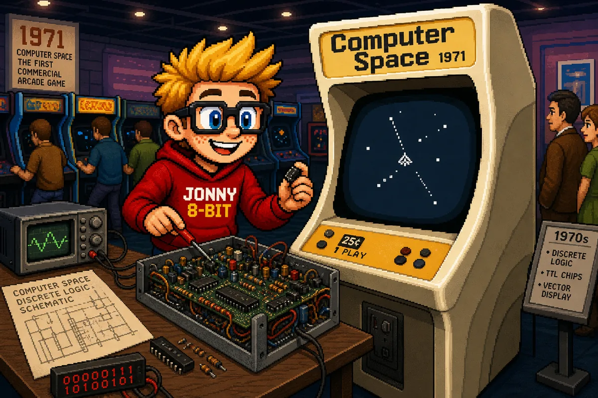 Pixel-art scene illustrating Computer Space: The First Commercial Arcade Video Game