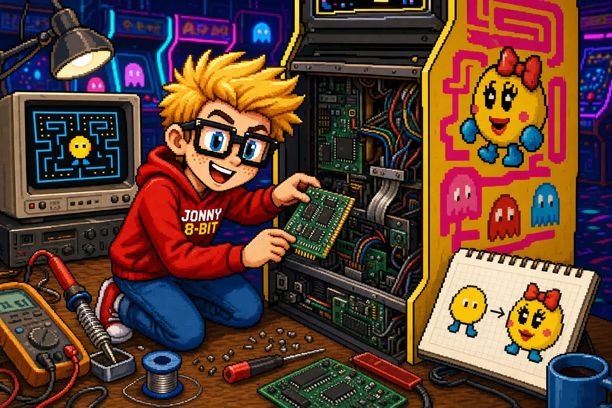 Pixel-art illustration for How the Crazy Otto Hack Became Ms. Pac-Man