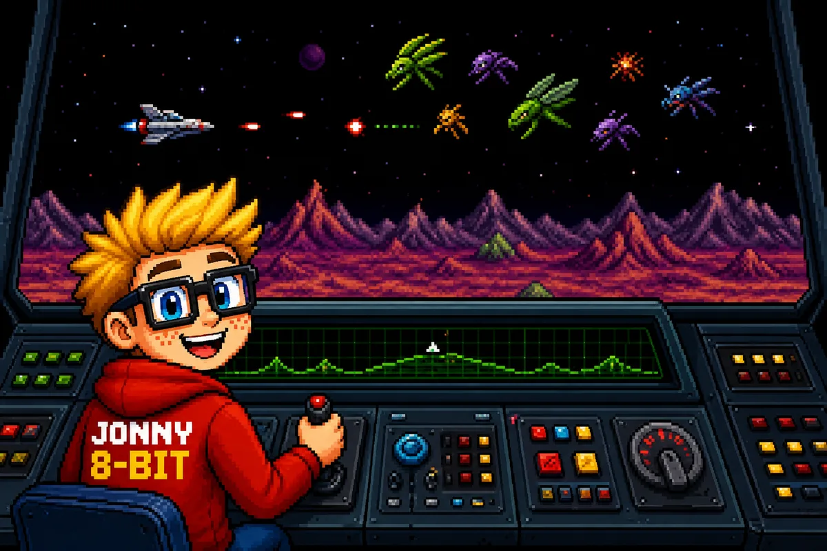 Pixel-art illustration for Defender and the Invention of the Scrolling Arcade Battlefield