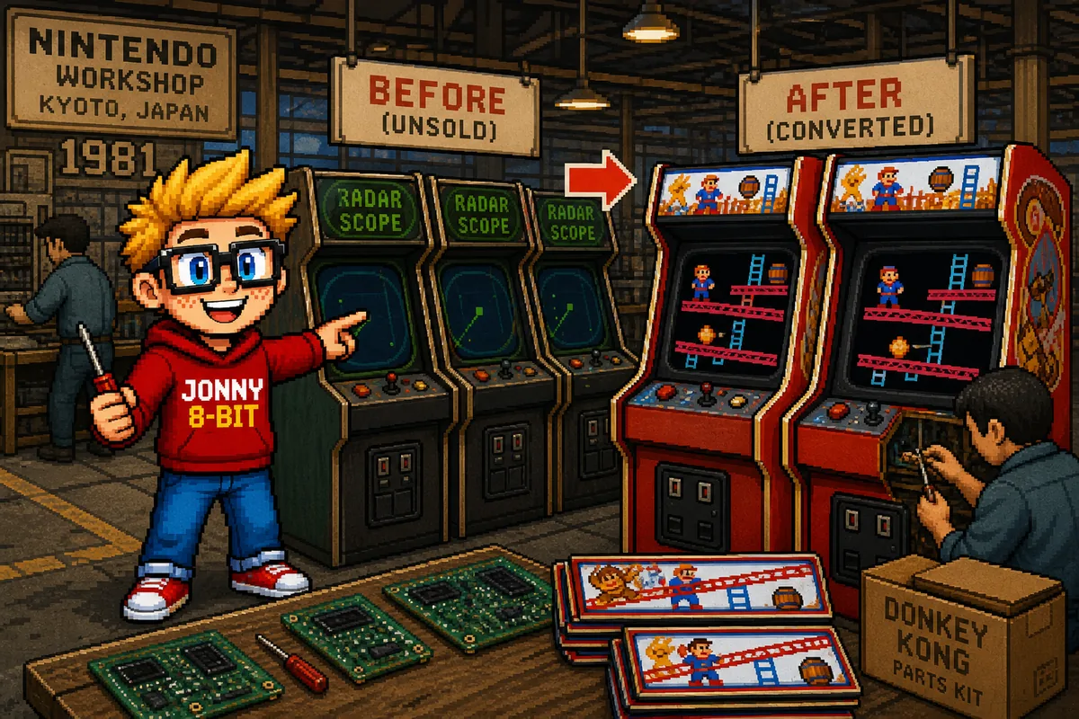 Pixel-art illustration for How Unsold Radar Scope Cabinets Helped Create Donkey Kong