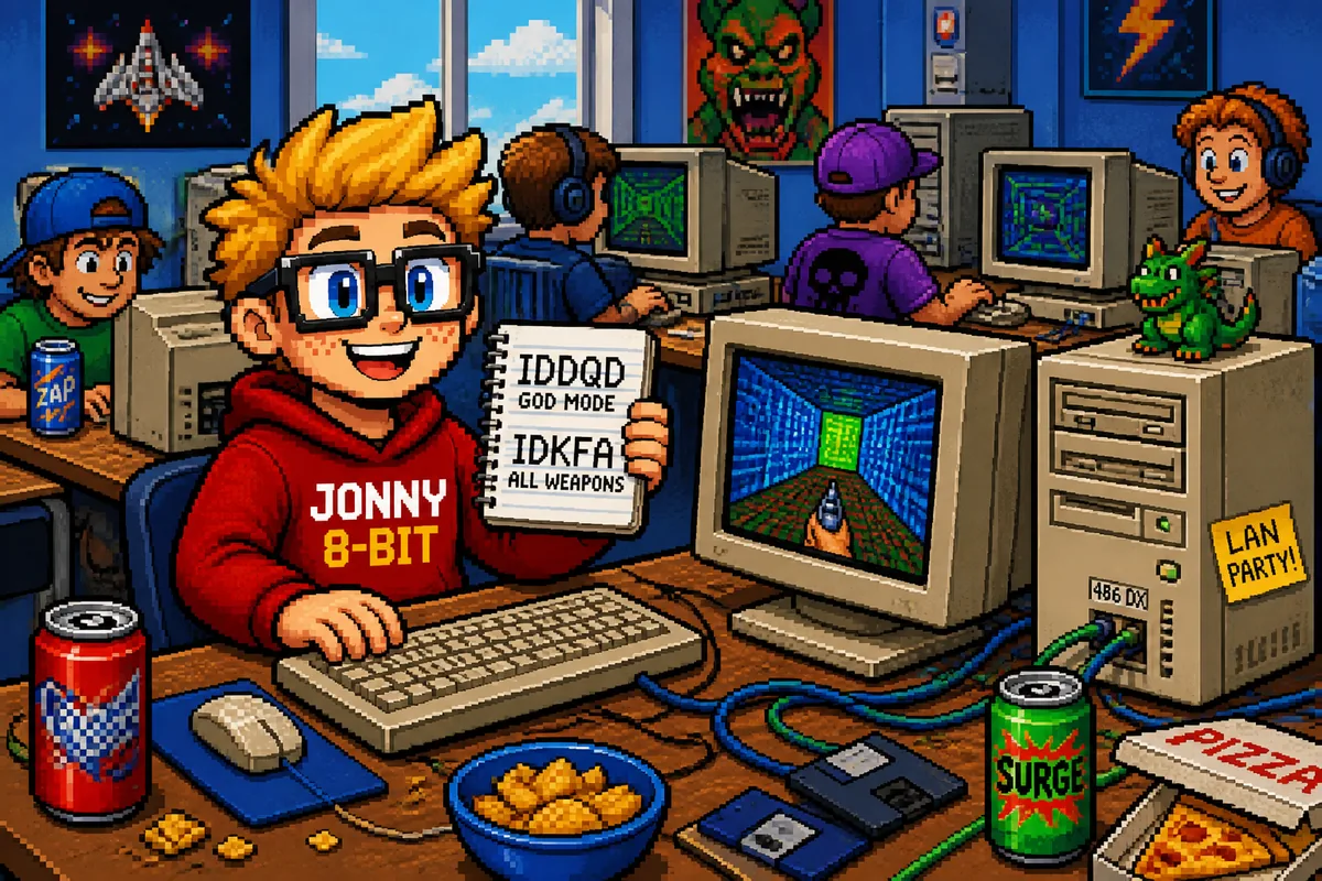 Pixel-art scene illustrating IDDQD and IDKFA: How Doom Cheat Codes Entered Gaming Culture