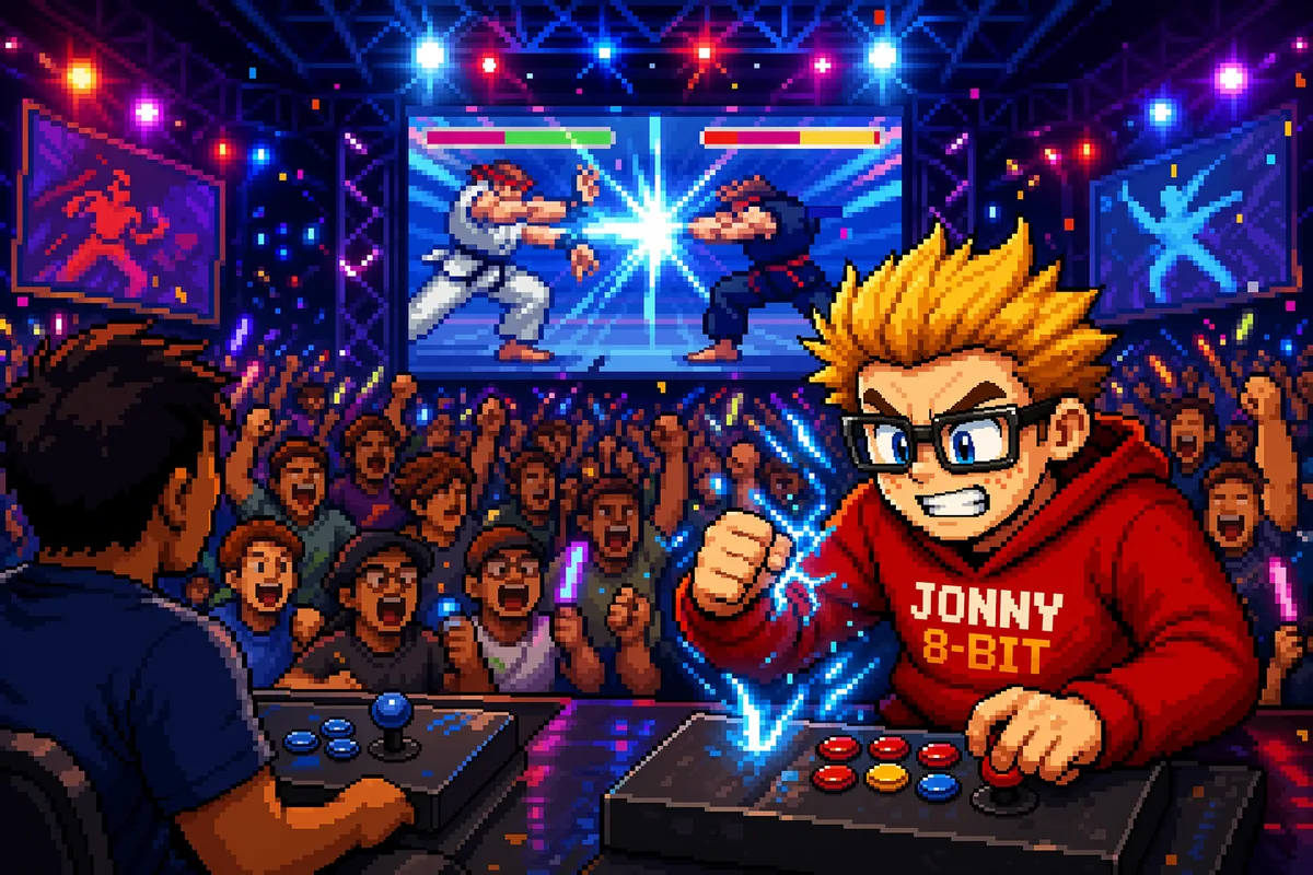 Pixel-art illustration for EVO Moment 37 and the Parry Heard Around the World