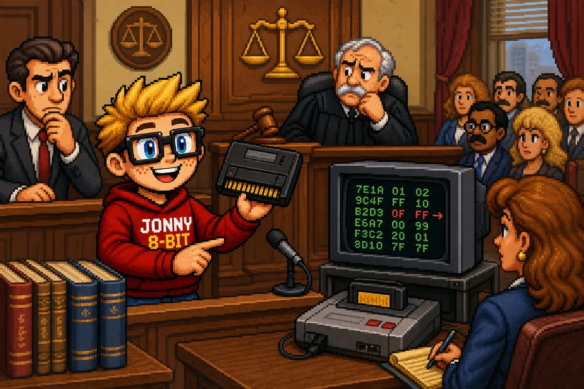 Pixel-art scene illustrating The Game Genie Legal Battle That Helped Define Modding