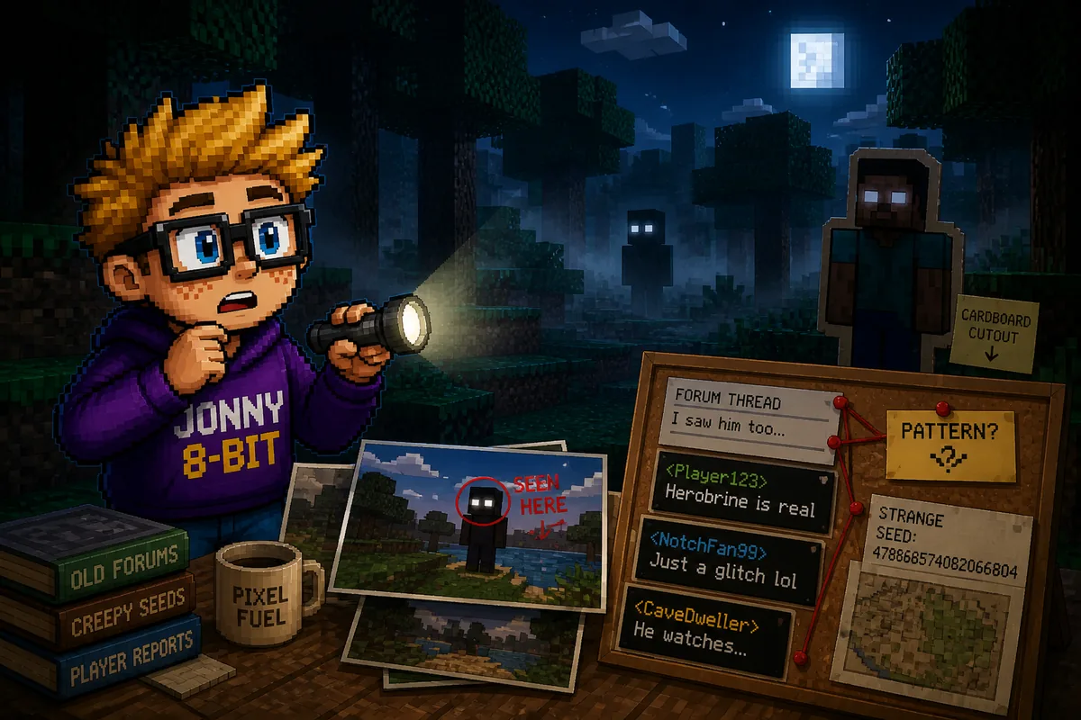 Pixel-art illustration for Was Herobrine Ever Secretly Hidden in Minecraft?