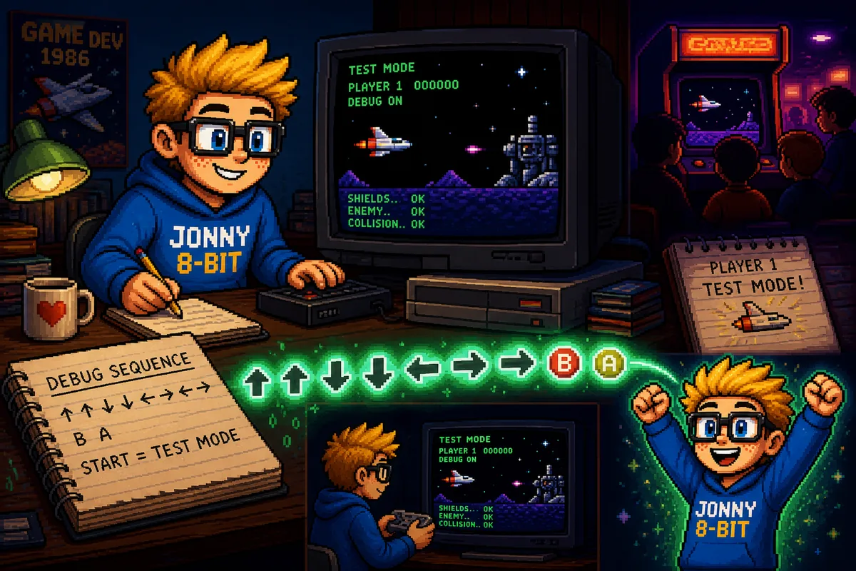 Pixel-art scene illustrating The Konami Code: From Debug Tool to Gaming Folklore