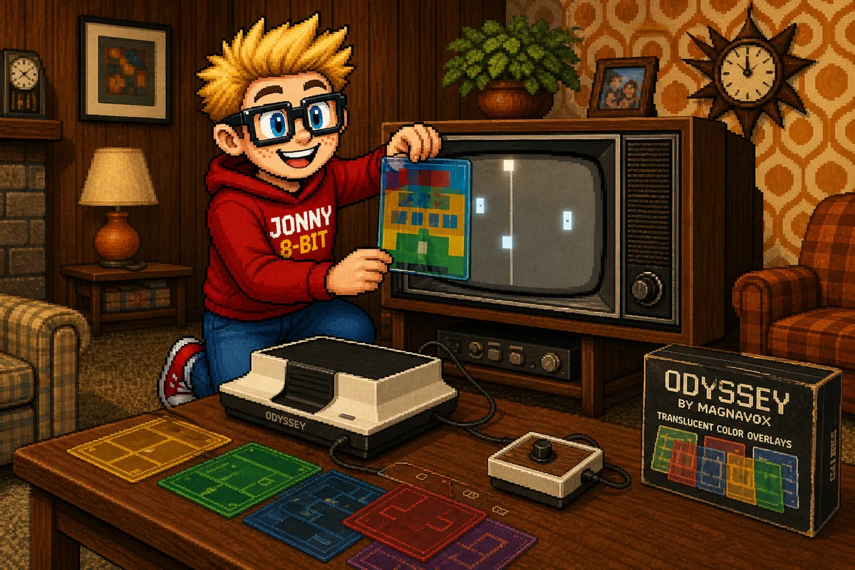 Pixel-art illustration for Why Magnavox Odyssey Games Used Plastic TV Overlays