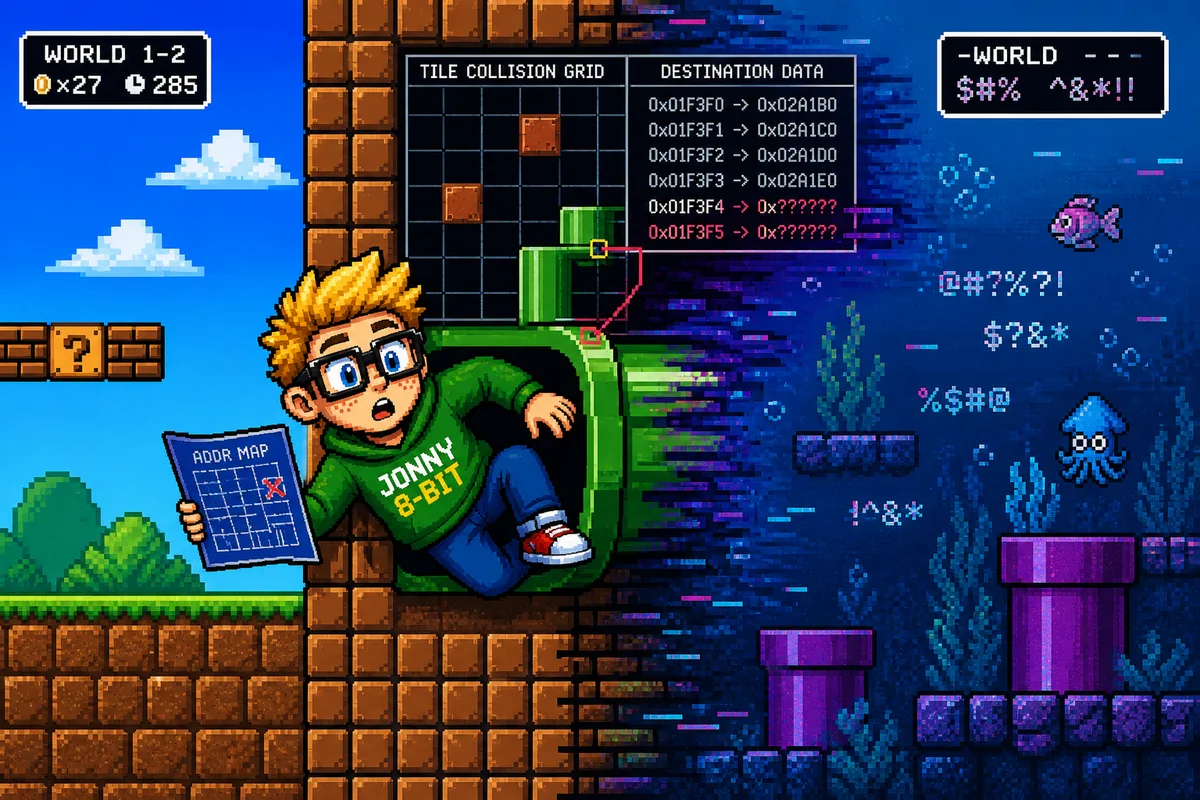 Pixel-art illustration for Minus World: The Super Mario Bros. Glitch That Became a Legend