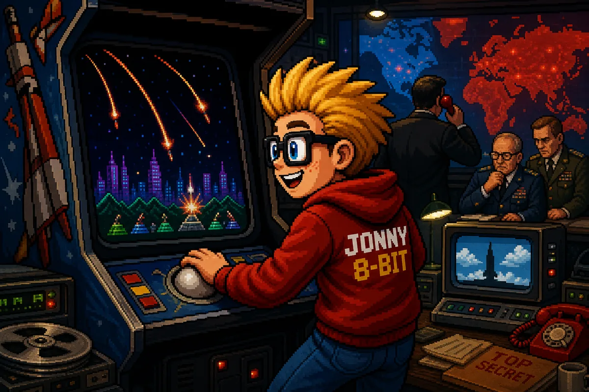 Pixel-art scene illustrating Missile Command and the Cold War Fears Behind an Arcade Classic