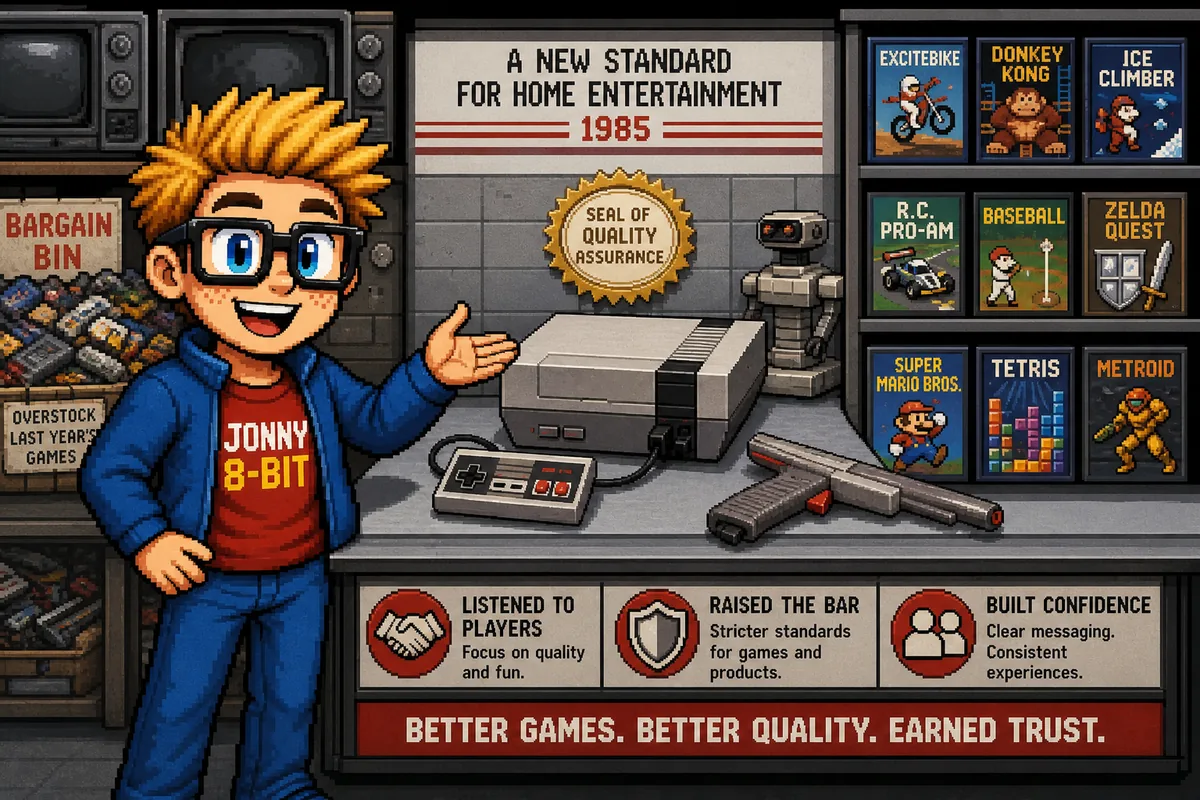 Pixel-art illustration for How Nintendo Rebuilt Consumer Trust With the NES