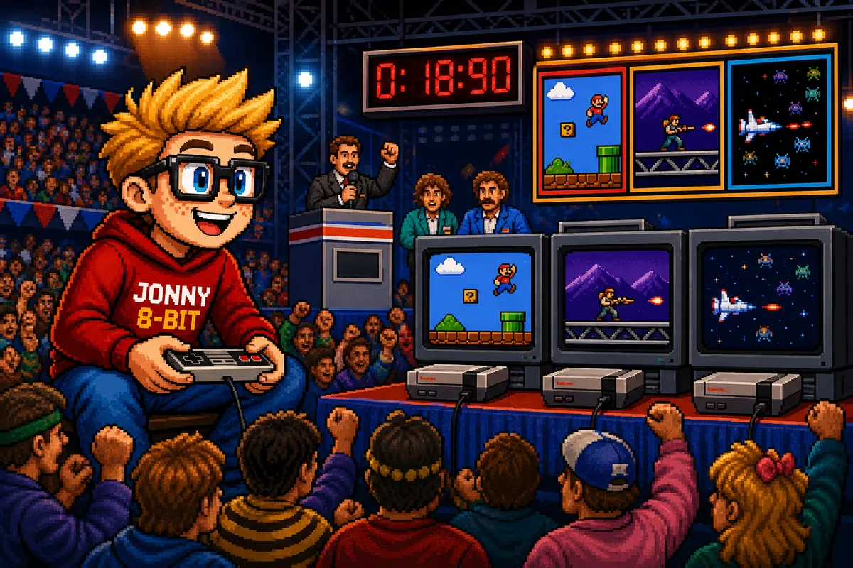 Pixel-art illustration for Inside the Nintendo World Championships of 1990