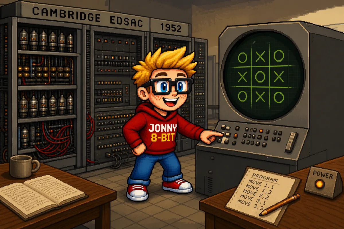 Pixel-art scene illustrating OXO: The 1952 Computerized Game of Tic-Tac-Toe