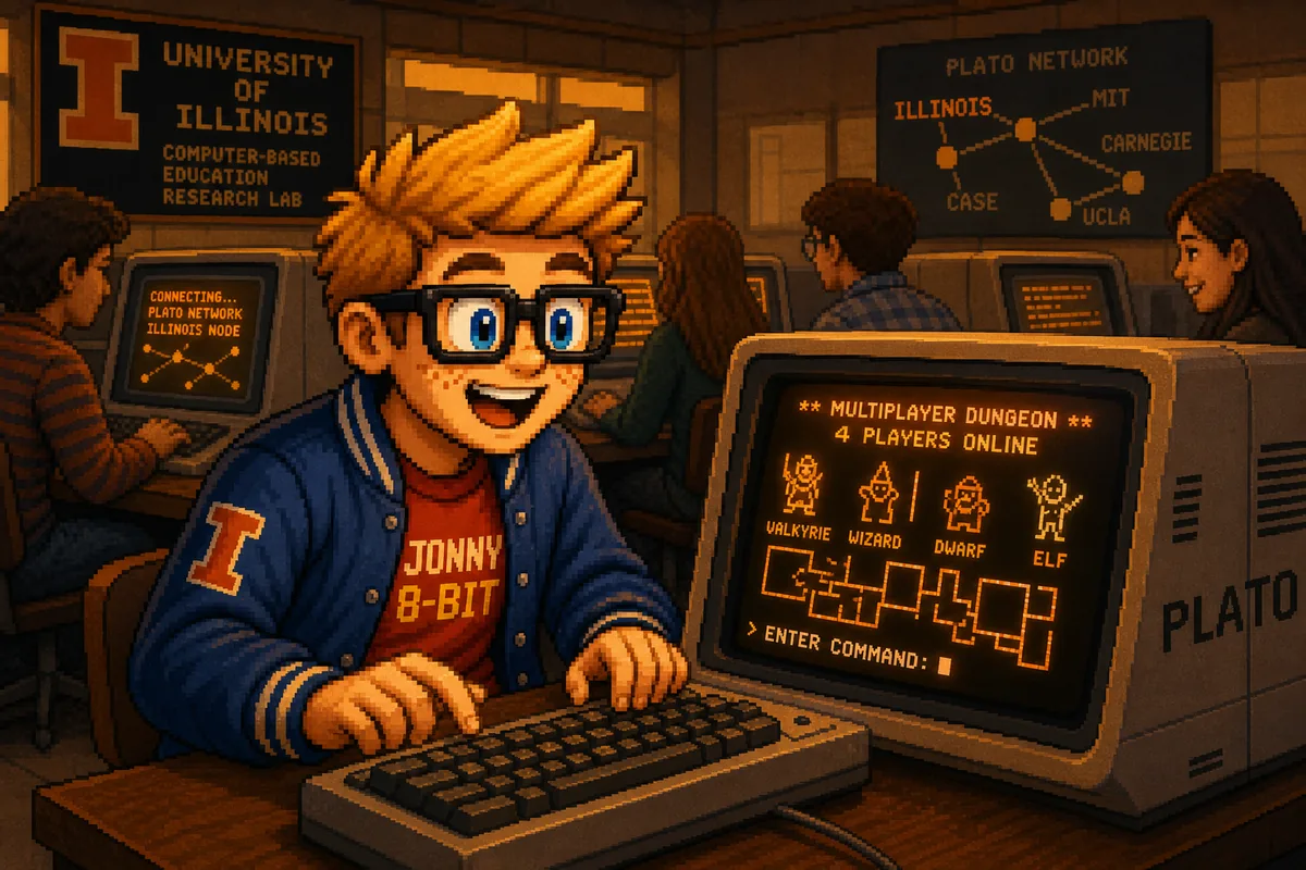 Pixel-art illustration for How PLATO Predicted the Future of Online Gaming