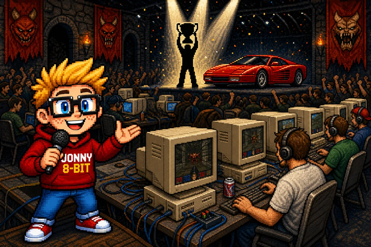 Pixel-art illustration for Red Annihilation: The Quake Tournament With a Ferrari Prize