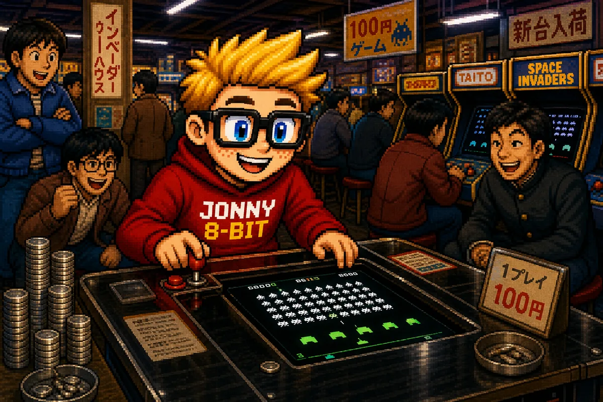 Pixel-art scene illustrating Space Invaders and the Beginning of Japan’s Arcade Boom