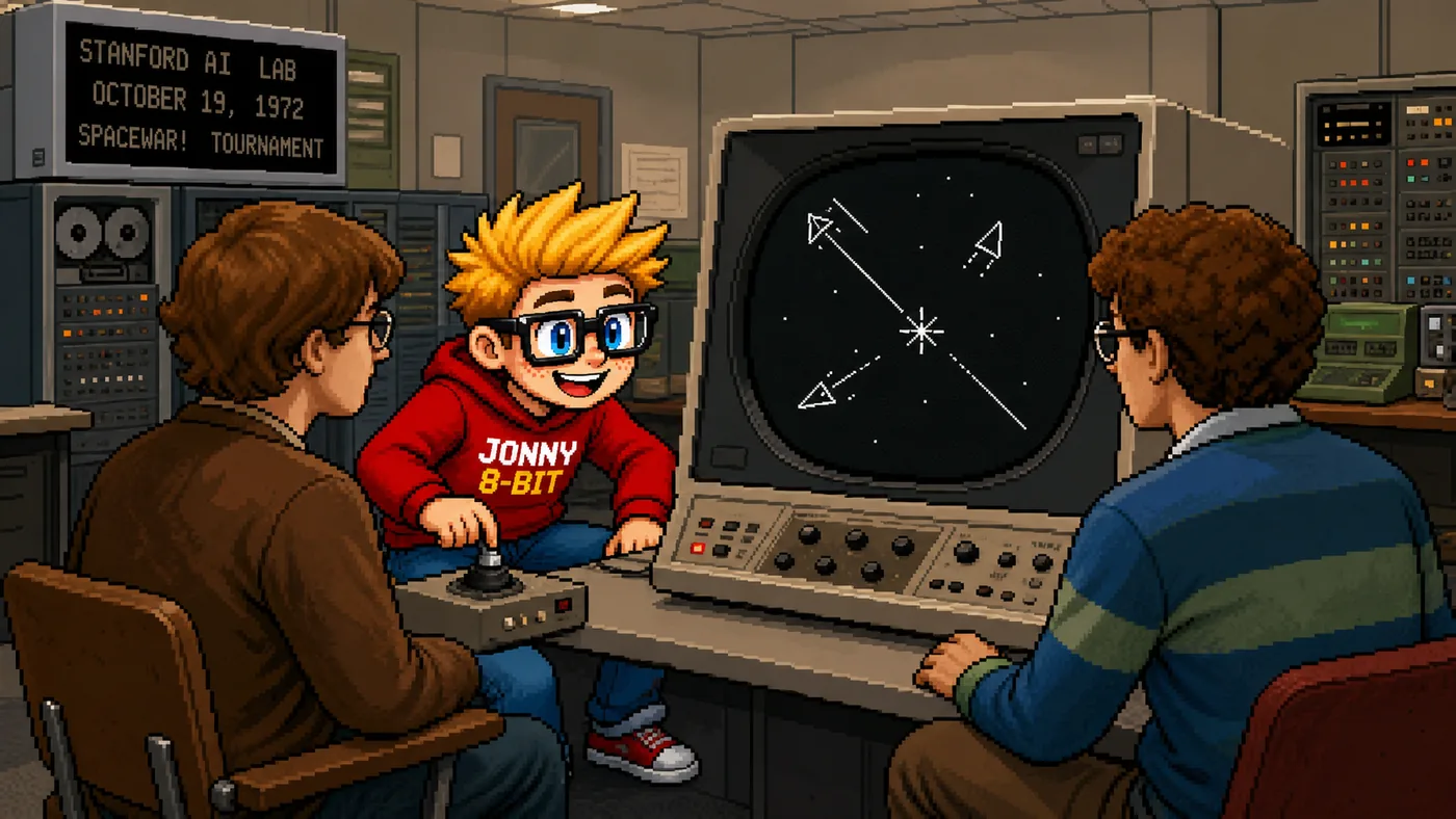 Pixel-art illustration for The First Video Game Tournament: Spacewar! in 1972
