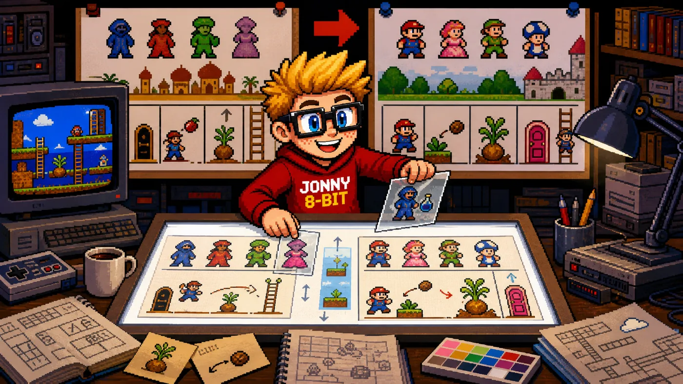 Pixel-art illustration for Why Super Mario Bros. 2 Began as Doki Doki Panic
