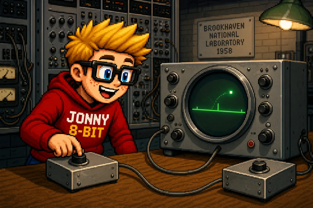 Pixel-art scene illustrating Tennis for Two: The 1958 Game Played on an Oscilloscope