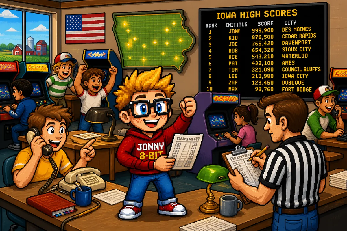 Pixel-art illustration for Twin Galaxies and the First National Arcade Scoreboard