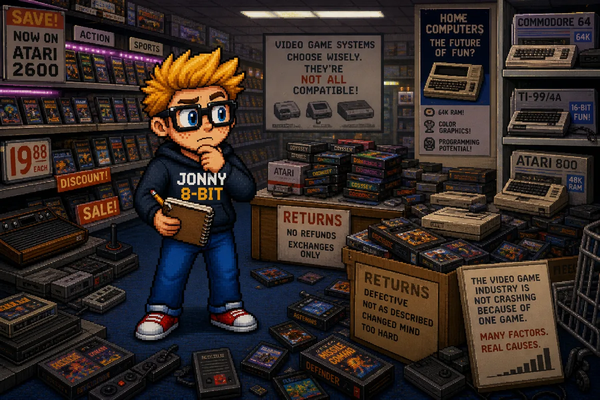 Pixel-art illustration for What Really Caused the Video Game Crash of 1983?
